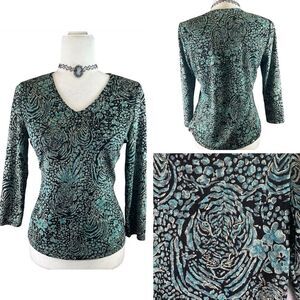 Y2k 90's Teal Black Metallic Blouse Goth Grunge Stretch Abstract Animals Artsy M